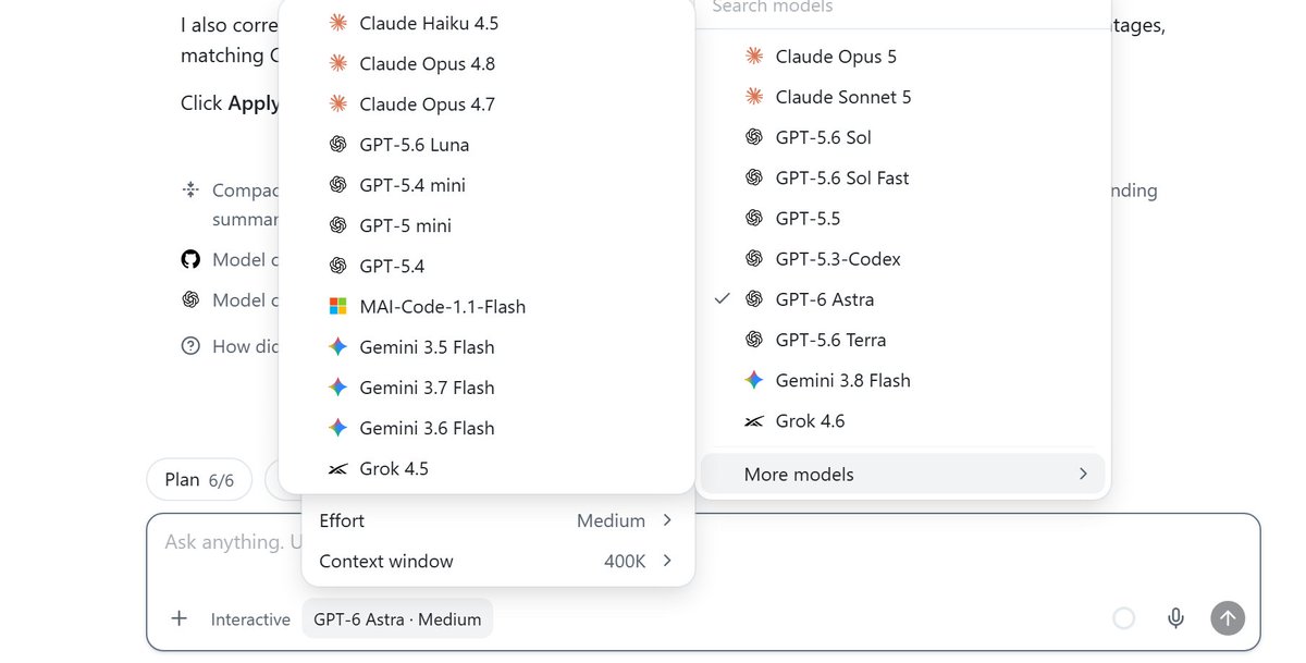 GitHub Copilot model picker showing Claude, GPT, Gemini, and Grok options together, including GPT-6 Astra and Gemini 3.8 Flash