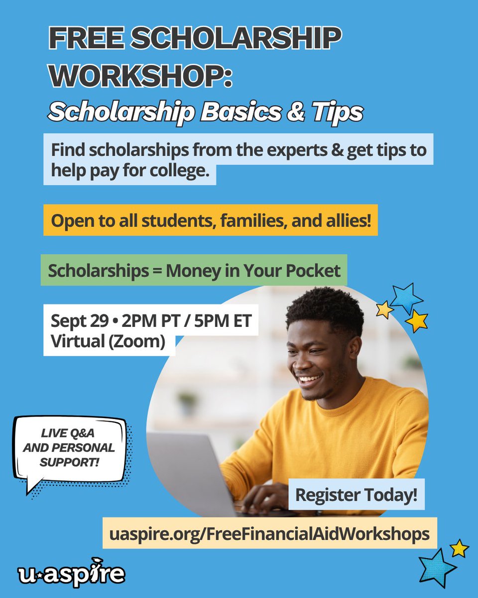 YISDCounseling's tweet photo. ScholarshipAlert! 🚨 Free Workshop from @uAspire on September 29th: Learn Scholarship Basics + Tips for @YsletaISD students &amp; families! Attend this one-hour workshop for scholarship tips, application guidance, and live Q&amp;A.
Secure your free spot: https://t.co/c6UfFblATL https://t.co/rRHlgrWgIX