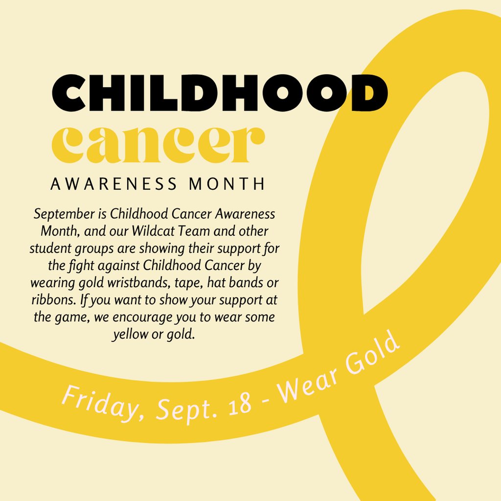 AngletonHS's tweet photo. September is Childhood Cancer Awareness Month. This Friday, September 18, some of our student organizations will be showing their support by wearing yellow.  If you want to show your support at the game, we encourage you to wear some yellow or gold! https://t.co/Nlm5MIz6my