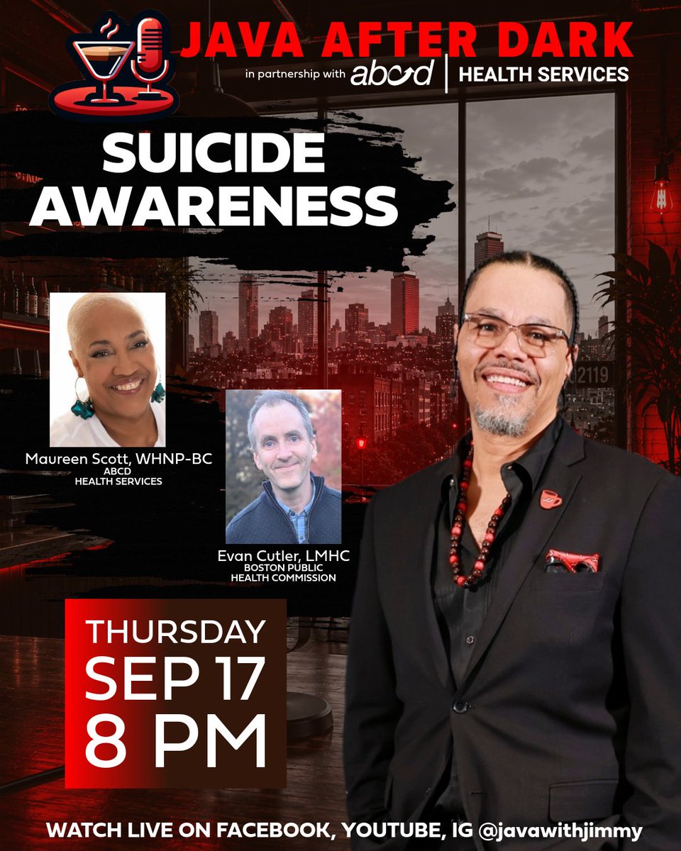 BostonABCD's tweet photo. Join @javawithJimmy tonight at 8pm for a conversation on suicide awareness with ABCD's Maureen Scott and Evan Cutler of @HealthyBoston.

Watch: https://t.co/bluMNu72CO https://t.co/yGKAQAuSpx