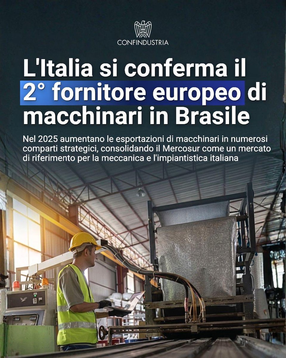 Confindustria's tweet photo. Il Brasile si conferma uno dei mercati a maggiore crescita per l'export italiano, con un potenziale ancora in larga parte da cogliere.

Nel periodo 2021-2025 l'export italiano verso il Brasile è cresciuto in media del 6% l'anno, portando l'interscambio complessivo con l'area Mercosur a €7,5 miliardi nel 2025. 

Una traiettoria sostenuta anche da una presenza industriale italiana già profondamente radicata nel Paese: circa 400 imprese a partecipazione italiana, 150.000 addetti e €42 miliardi di fatturato.

Su queste basi si inserisce l'accordo UE-Mercosur: con il patto, le esportazioni italiane verso l'area potrebbero passare da €7,5 a €14 miliardi, con un risparmio sui dazi per le imprese europee stimato in circa €4 miliardi l'anno.

Tra i settori con più da guadagnare, spicca quello dei macchinari: €2,6 miliardi di export nel 2025, penalizzati da dazi fino al 35% destinati a essere eliminati progressivamente con l'entrata a regime dell'accordo.

Per le imprese italiane, l'accordo UE-Mercosur apre una fase nuova nei rapporti con una delle economie a maggiore potenziale del continente americano.
