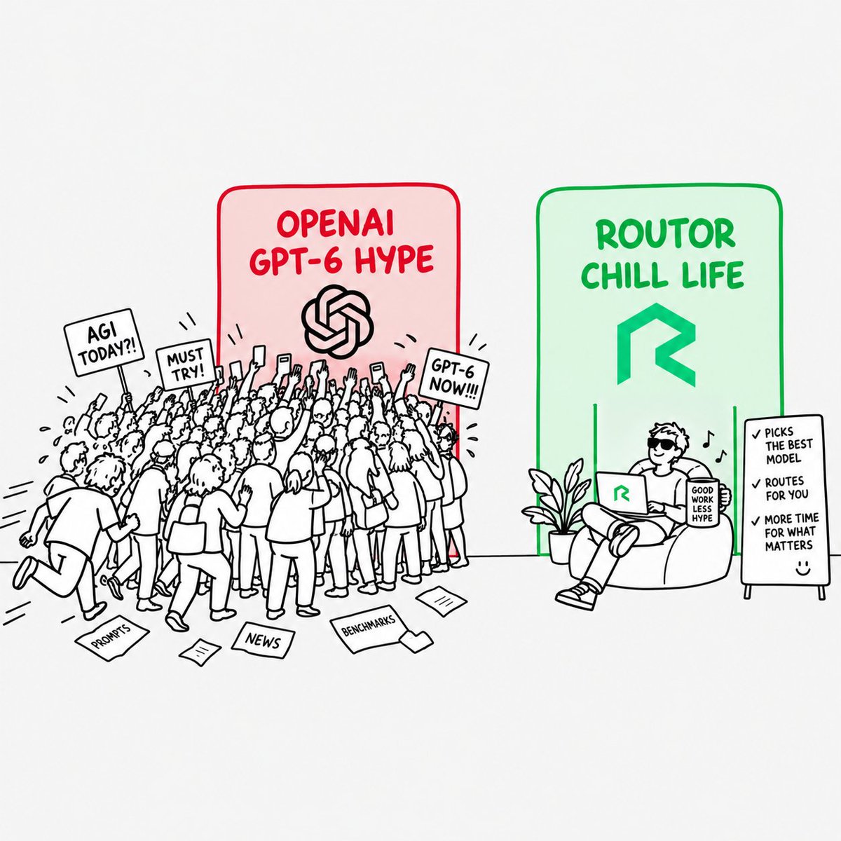 RoutorAI's tweet photo. GPT-6 Sol might drop today 👀

X right now: tomorrow is going to be legendary.

Meanwhile there are two kinds of people:

GPT-6 hype life: refreshing X, waiting for benchmarks, chasing every new model.

Routor chill life: send the request, let the task pick the model, keep shipping.

Which life are you choosing? 

try it now: https://t.co/wzhB27V9m9