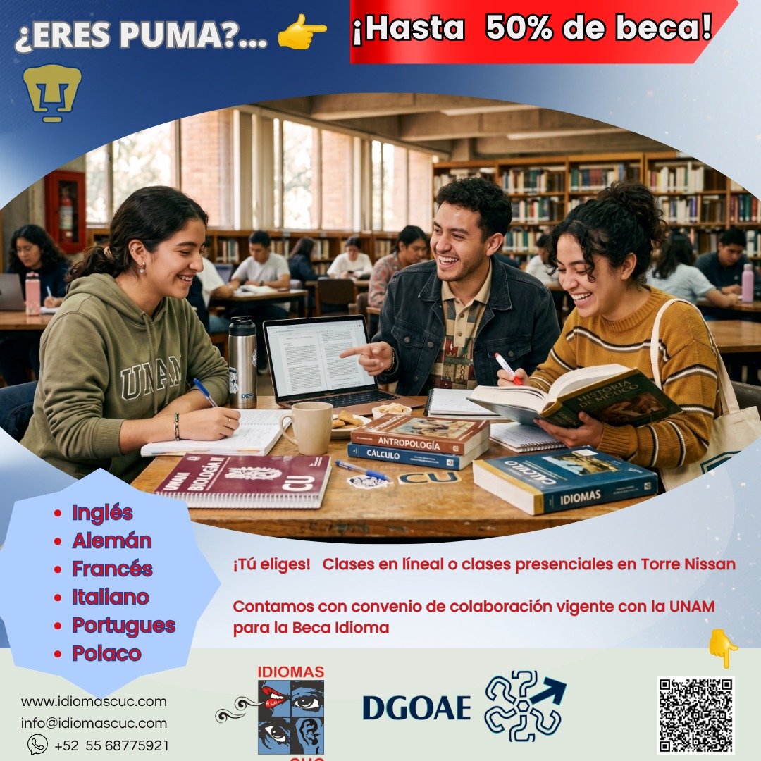 BecariosUNAM's tweet photo. #ComunidadUNAM 🤓 Aprovecha este beneficio que la Beca Idioma te da y aprende inglés, Francés, Alemán, Italiano, Polaco o Portugués en Idiomas CUC.

 👉 Obten más información en:
https://t.co/hm5BaVLCJD
 info@idiomascuc.com
+5255 68775921 https://t.co/CcpZCm6VM5