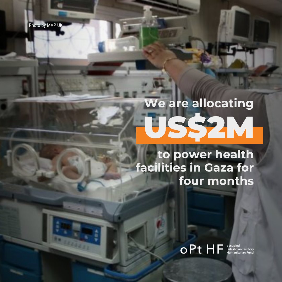 ochaopt's tweet photo. Today, @RamizAlakbarov allocated $2M from the Humanitarian Fund @OCHAFunds to support uninterrupted fuel provision to health facilities in #Gaza. A sustainable way forward requires Israeli approvals for solar panels and local electricity production.

More: https://t.co/SudIjjXmHX https://t.co/VbEFAQlMz5