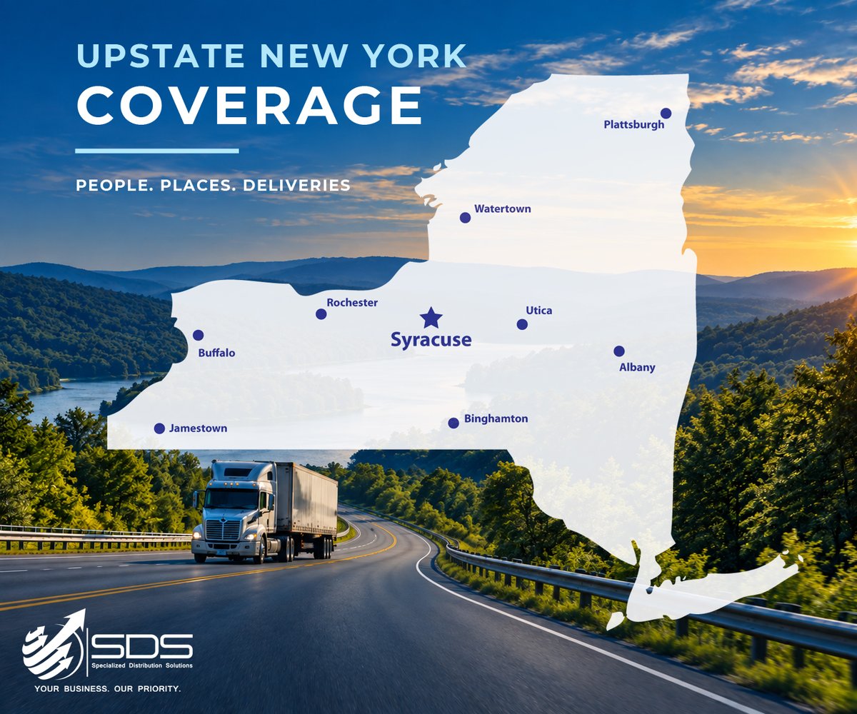 SDSdelivers's tweet photo. 📍 In logistics, location matters.

With I-81 and I-90 nearby, Syracuse keeps us connected.

From Plattsburgh to Jamestown and across Upstate NY, @SDSdelivers provides warehousing, distribution &amp; final-mile delivery solutions. 🚛

#SDSDelivers #SyracuseNY https://t.co/fouLdCbtpo