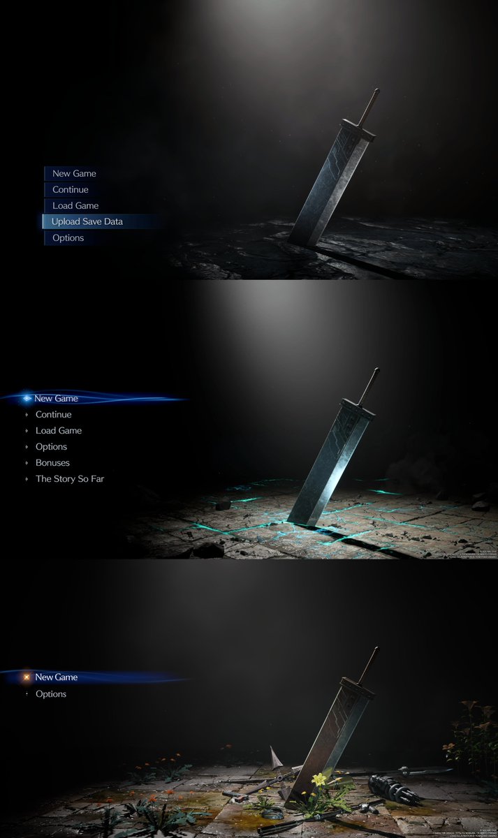 Genki_JPN's tweet photo. FF7 Remake, Rebirth and Revelation main menus! #FF7R https://t.co/k4B4GplzsS