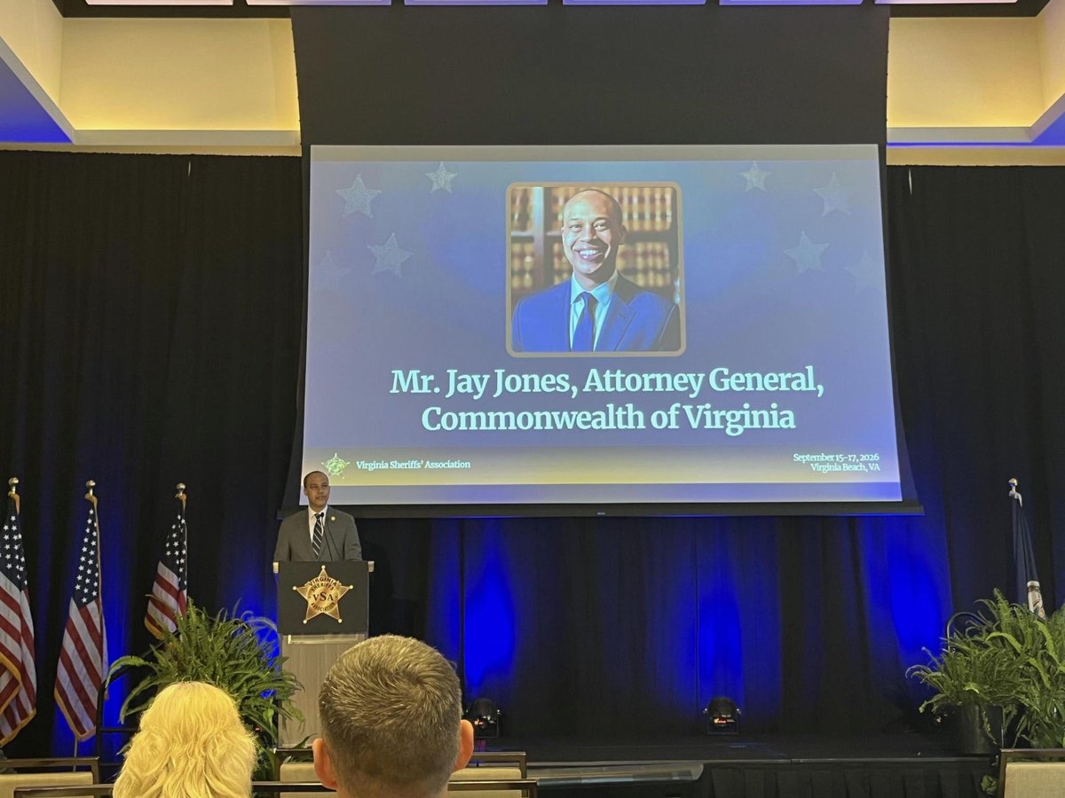 AGJayJones's tweet photo. (1/2) I had the pleasure of speaking at the Virginia Sheriffs Association's 93rd Annual Conference on Wednesday. We share a deep commitment to keeping our communities safe, ensuring that our justice system operates smoothly and with integrity, and to protecting the rule of law. https://t.co/9Q4Nbg8GXR