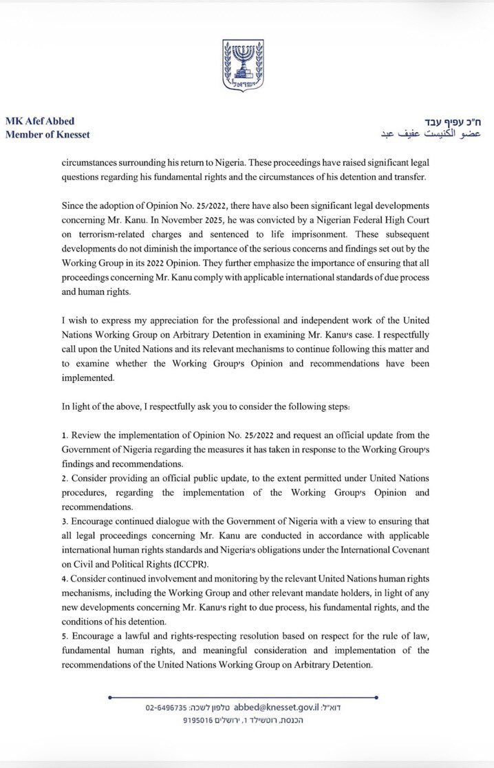realabamake's tweet photo. BREAKING!

ISRAEL DEMANDS THE RELEASE OF MAZI NNAMDI KANU

#Israeli Knesset member MK Afef Abed has sent a letter dated September 1, 2026, to the UN Secretary-General and human rights bodies urging implementation of UN Working Group Opinion No. 25/2022, which deemed Nnamdi Kanu’s detention arbitrary and called for his immediate release and compensation.

The letter references Kanu’s 2025 life imprisonment conviction on terrorism charges in Nigeria, concerns over his health and medical care access, and notes parallel calls for release from U.S. Congressman John James @RepJames.

It amplifies international pressure on Nigeria over the IPOB leader’s case, following reported pro-Biafra lobbying efforts involving Israeli parliamentarians demanding the immediate release of Nnamdi Kanu, the detained leader of the Indigenous People of Biafra (IPOB).

@UN @UNHumanRights @StateDept @FCDOGovUK @USinNigeria @UKinNigeria @guardiannews @guardian @BBCWorld @FoxNews @channelstv @KnessetENG @10DowningStreet @CNN @SwissGov