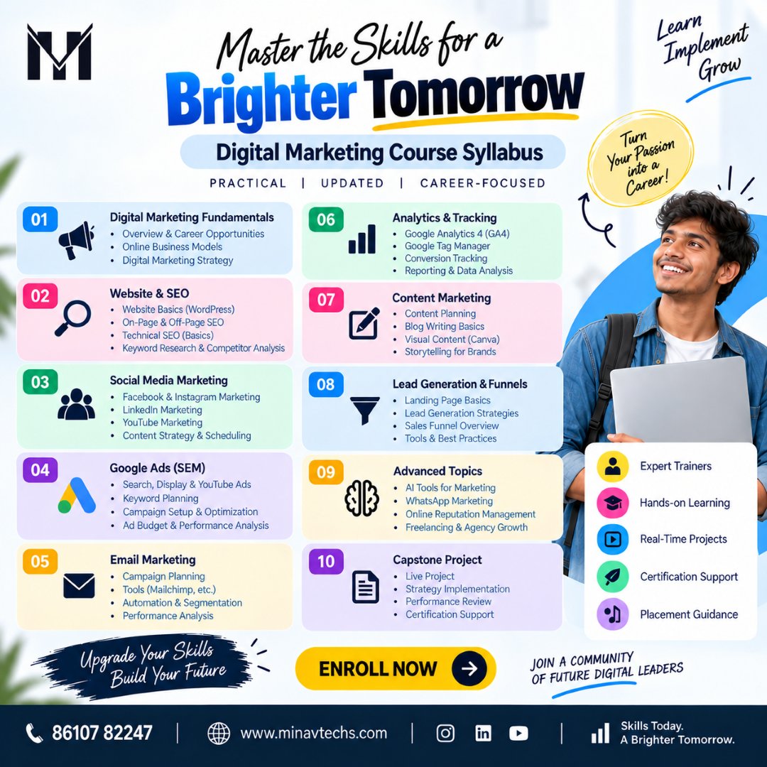 minavtech's tweet photo. Build digital marketing skills that turn ideas into opportunities. 🚀
SEO • Social Media • Google Ads • Analytics • Content • AI Tools
Learn. Practice. Grow with Minav Techs. ✨
📞86107 82247
🌐[https://t.co/MNrtZQQPAy](https://t.co/MNrtZQQPAy)
#DigitalMarketing #MinavTechs https://t.co/JvSgZOaH2r