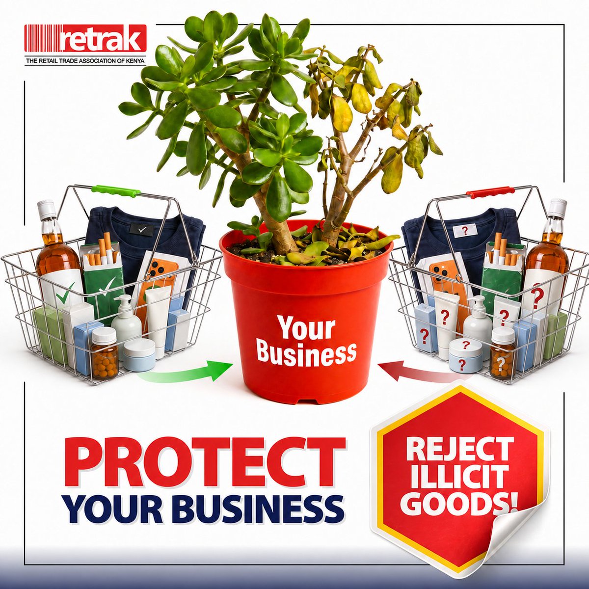 retrakenya's tweet photo. Illicit goods threaten traders' legitimacy and profitability. They create an unfair market and damage our industry's reputation.
RETRAK calls on all traders to be vigilant. Know your suppliers. Identify and reject suspicious goods. Let's protect our industry's integrity together.