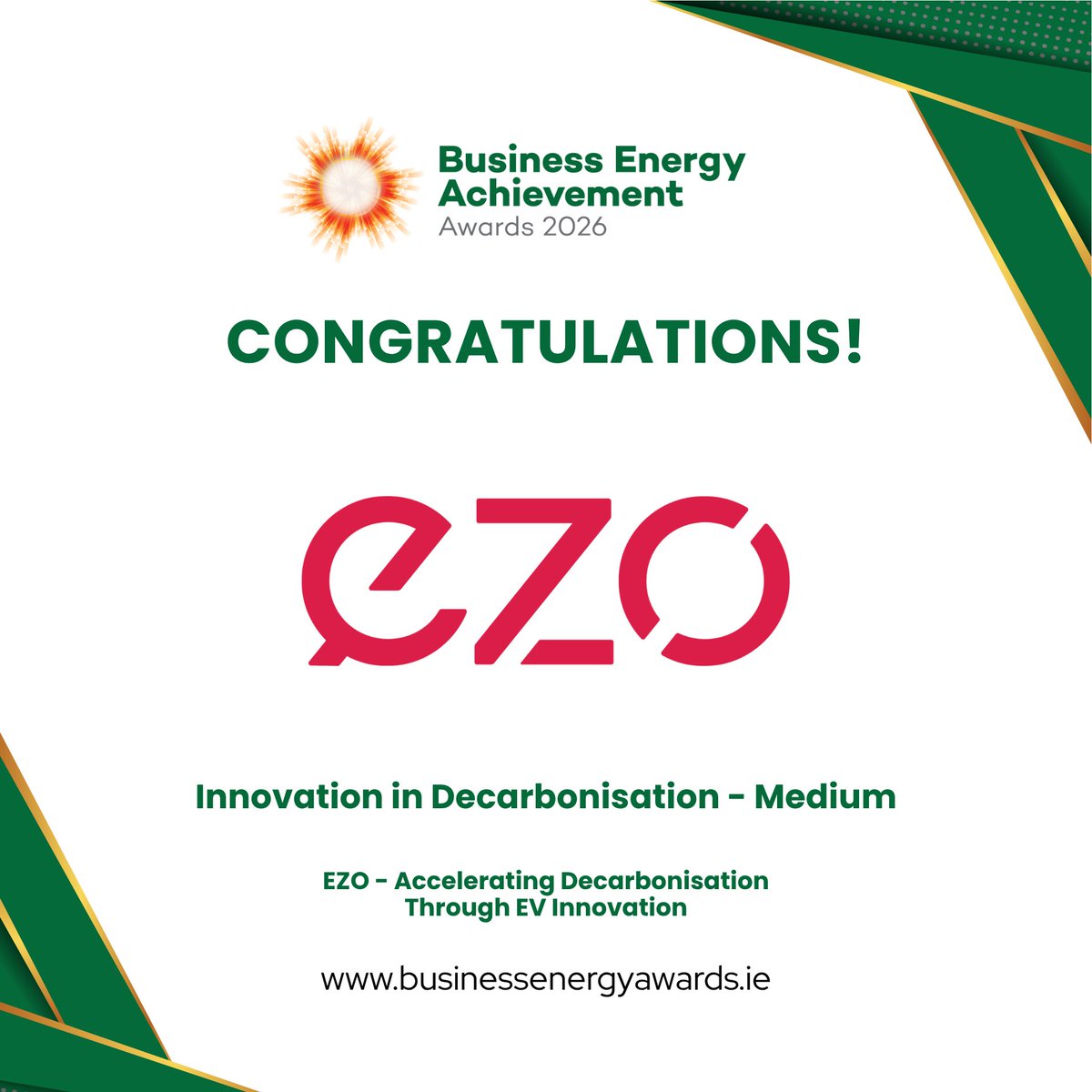 BizEnergyAwards's tweet photo. EZO has been recognised as winner of Innovation in Decarbonisation (Medium) at the Business Energy Achievement Awards 2026 for their work on Accelerating Decarbonisation Through EV Innovation. Exciting things happening in Ireland's clean energy space. https://t.co/SmO7rwkbEI
