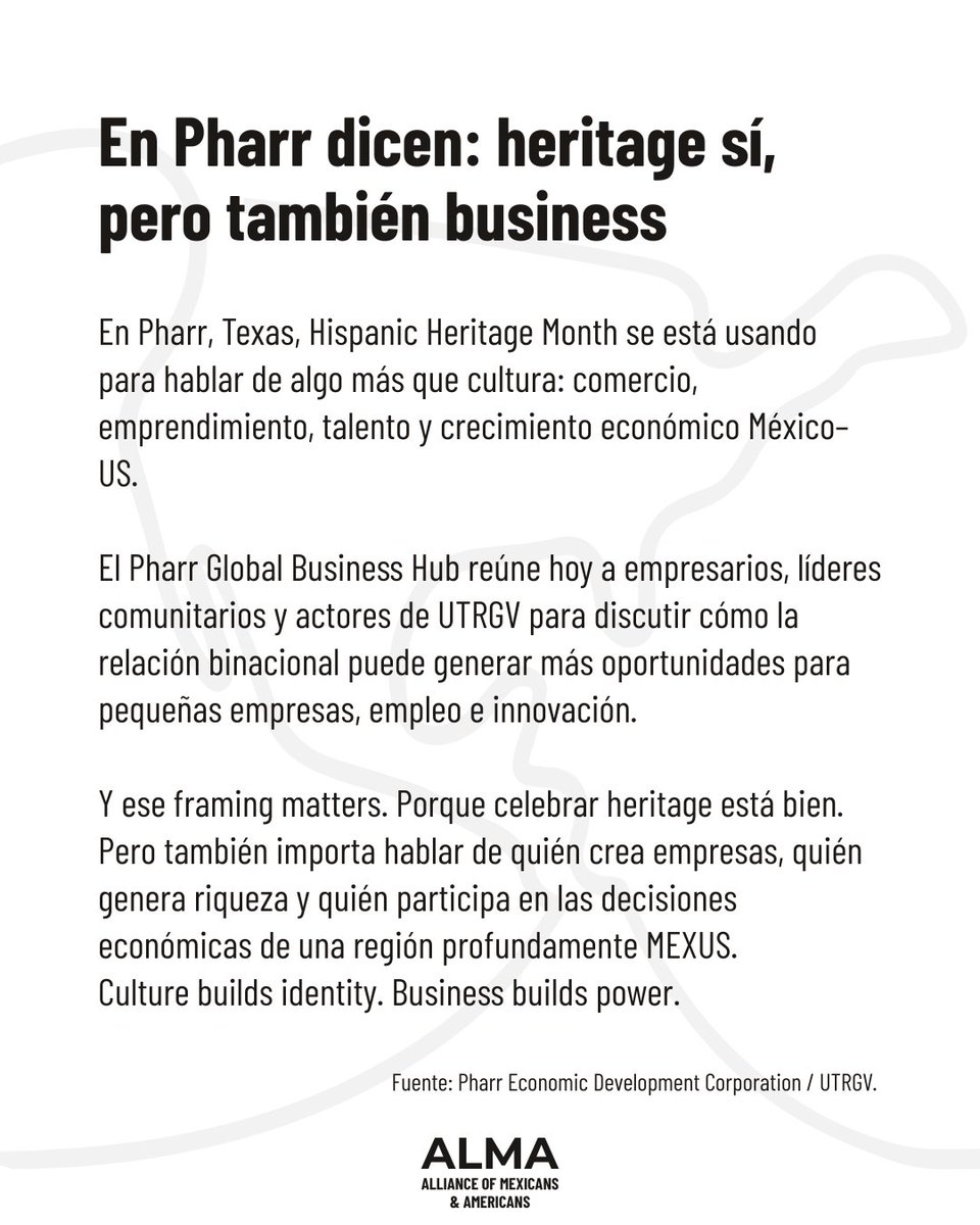 AlmaMexUs's tweet photo. #InfoMEXUS TODAY

• Frida Escobedo está redesigning The Met: una arquitecta mexicana ya construye la nueva ala de arte moderno de uno de los museos más importantes de US.

• México ya exporta más AI servers que autos: en seis meses colocó cerca de US$83B en servidores, y más de 94% fue directo a US.

• Pharr dice heritage sí, pero también business: Hispanic Heritage Month se convierte en una conversación sobre comercio, empresas, talento y crecimiento México–US.

• Colorado puso a Gabriela Ortiz next to Beethoven: la sinfónica abrió temporada con Yanga, llevando música mexicana contemporánea al repertorio central.

• Austin dice: funding también en español: el ESB-MACC abre acceso a subvenciones culturales para artistas y organizaciones hispanohablantes.

• Fresno convirtió sports en opportunity: un emprendedor latino está usando el deporte para abrir oportunidades a miles de jóvenes del Central Valley.

• U.S. robotics encontró talento en México: XTEND AI Robotics elige al país para manufactura avanzada, integración tecnológica y desarrollo técnico.

#ALMA #ALMAMexUS