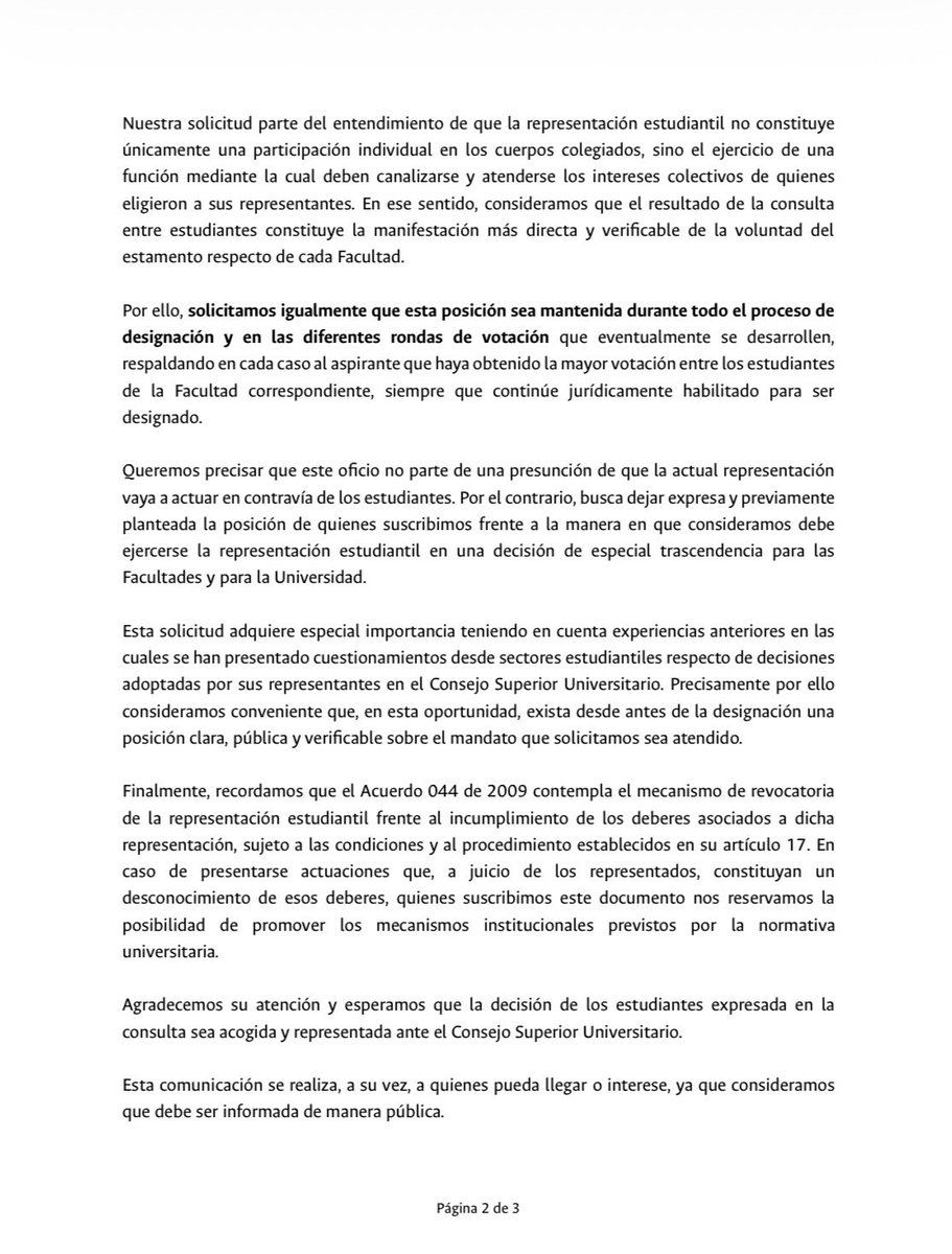 jaristizabalh's tweet photo. Representantes y exrepresentantes estudiantiles acabamos de enviarle a las representantes estudiantiles (@Gabyota113) en el Consejo Superior de la @UNALOficial una solicitud para que se acojan a la consulta de estudiantes (quien gane allí). https://t.co/HUSIgKDukf