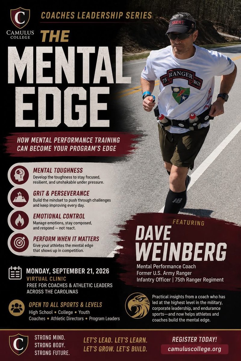 CamulusPrepGrad's tweet photo. THE MENTAL EDGE | FREE CLINIC

Mental toughness. Grit. Confidence. Emotional control. The ability to perform when it matters.

Join Camulus College on 
Monday, September 21
Virtual | FREE https://t.co/dPrqh9Uvan

#TheMentalEdge #Leadership #MentalPerformance #CamulusCollege https://t.co/B4V1GKNepA