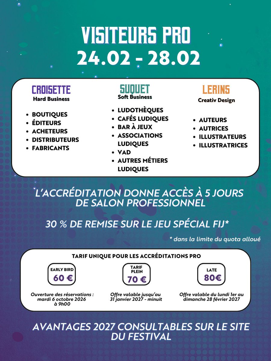 fijcannes's tweet photo. Vous êtes prêts ? Le moment approche… ⏳🎲

La billetterie du #FIJ2027 ouvre ses portes le 6 octobre à 9h !

🎟️ À vos agendas. À vos alarmes. À vos clics. 📲⏰

🔗 Toutes les infos sur notre site web https://t.co/0eOjaixtZT

#FIJ #FIJ2027 #FestivalDesJeux #Cannes #CannesFrance https://t.co/dgRZBNiWIU