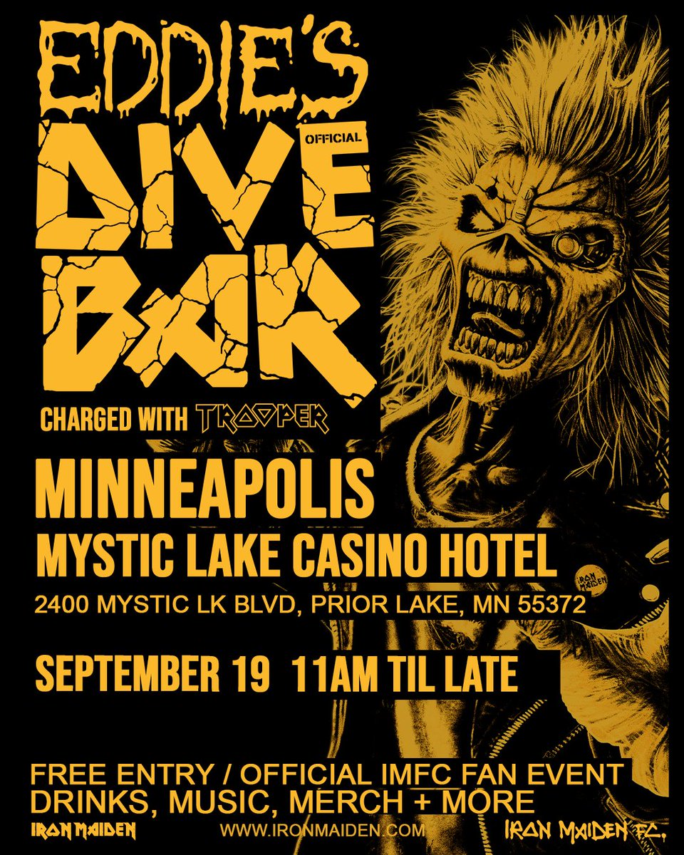 93XRadio's tweet photo. Iron Maiden and the Iron Maiden Fan Club invite you to Eddie's Official Pop-up Dive Bar, open starting at 11am on Saturday at Mystic Lake Casino Hotel!

Entry is free and all are welcome. Check https://t.co/yfFNXC4S4z for more info. https://t.co/rzdIlQFVHw