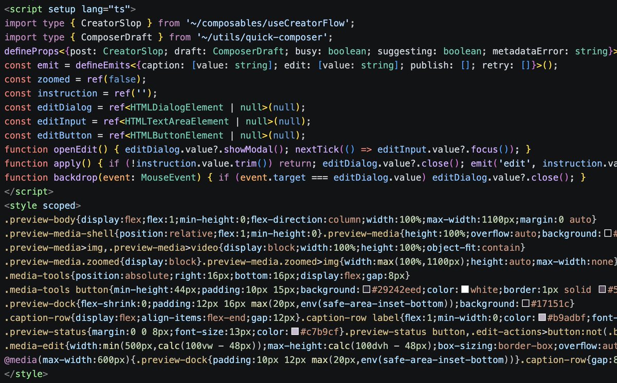 ibrahimyu_'s tweet photo. By default GPT-6 Astra spits code like this
It works, compact, but hard to read and debug manually

Sure I can just ask Codex again to do minor tweaks but usage side is not very efficient, and it's much faster to do it myself https://t.co/rk2ShIEDKM