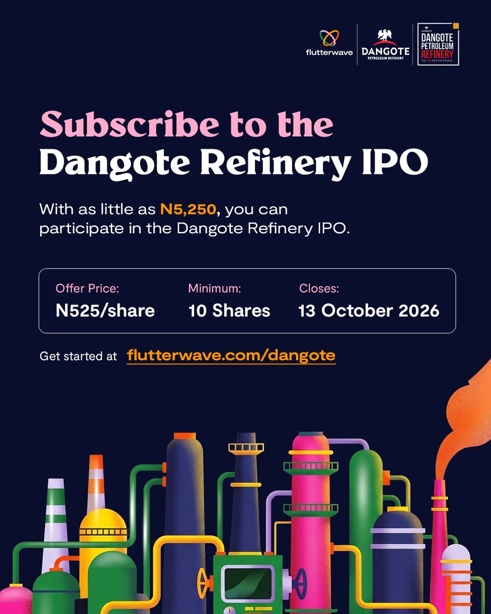 theflutterwave's tweet photo. You don’t need millions to own a piece of Africa’s largest refinery. We’ve put together a full guide on how to apply for your shares, read here (https://t.co/FA4Ov8the5)💙

#dangoterefineryipo #flutterwave https://t.co/ruoJJDId2w