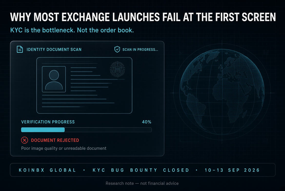 ThejesterVerse's tweet photo. WHY MOST EXCHANGE LAUNCHES FAIL AT THE FIRST SCREEN

The hardest part of a new exchange is not the order book.

It is KYC.

Accounts stall. Documents bounce. Eligible countries are unclear. Support only shows up after traders are already gone.

@KoinBXGlobal just closed a KYC Bug Bounty that ran 10–13 September 2026. Completers who finished full verification from an eligible country and submitted the form were credited $2. That is not the point. The point is what they chose to test before calling Global live.

1️⃣ THE REAL BOTTLENECK

Onboarding is where global products die. A futures venue can have clean fees and still lose the user at identity check. Paying testers to complete KYC and report breaks is operational work, not marketing.

2️⃣ WHAT WAS LIVE VS WHAT WAS A CAMPAIGN

Live now: KoinBX Global is open.
Completed: the KYC bounty window. Rewards were stated as credited to accounts that met the rules.
Still coming: a trading contest has been teased. Prize pool and rules are not published yet. Treat that as announced, not live.

3️⃣ THE FEE MODEL THAT ACTUALLY CHANGED

KoinBX does not make futures traders climb a VIP ladder for lower fees. Global sells a Futures Pass against an eligible fee-free volume allowance:

Trader — $25 → $100,000
Pro — $125 → $500,000
Elite — $250 → $1,000,000
Add-on — $30 → +$100,000

Once the allowance is used, standard fees apply. That is prepaid cost control, not zero-fee forever.

4️⃣ WHY THE BOUNTY MATTERS MORE THAN THE $2

If KYC is messy, the Pass never gets used. Community verification before a global open is how you find country-dropdown failures and document rejects while the crowd is still small.

5️⃣ THE LIMITATION

A $2 task does not prove liquidity, engine quality, or withdrawal speed. It only proves they instrumented onboarding. Those other claims still have to be earned in live markets.

Fee-free volume is useless if you cannot get verified. Verification is useless if you size positions because fees look cheap.

That is the order most traders reverse.

#KoinBX #KoinBXGlobal