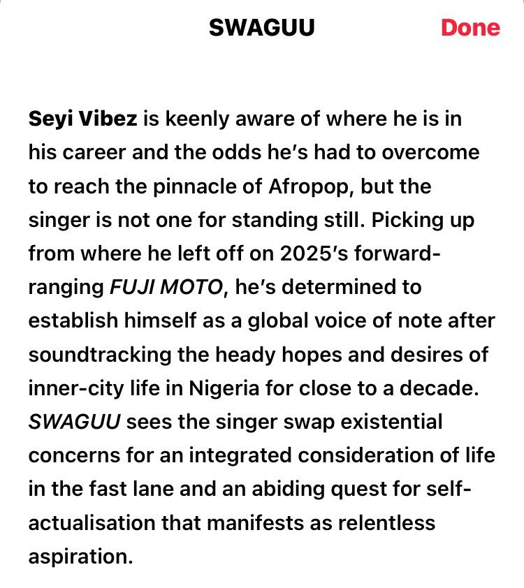 yourboybasito77's tweet photo. Seyi Vibez’s Apple Music description about the “SWAGUU”
#SWAGUU https://t.co/aOQJp4aW9A