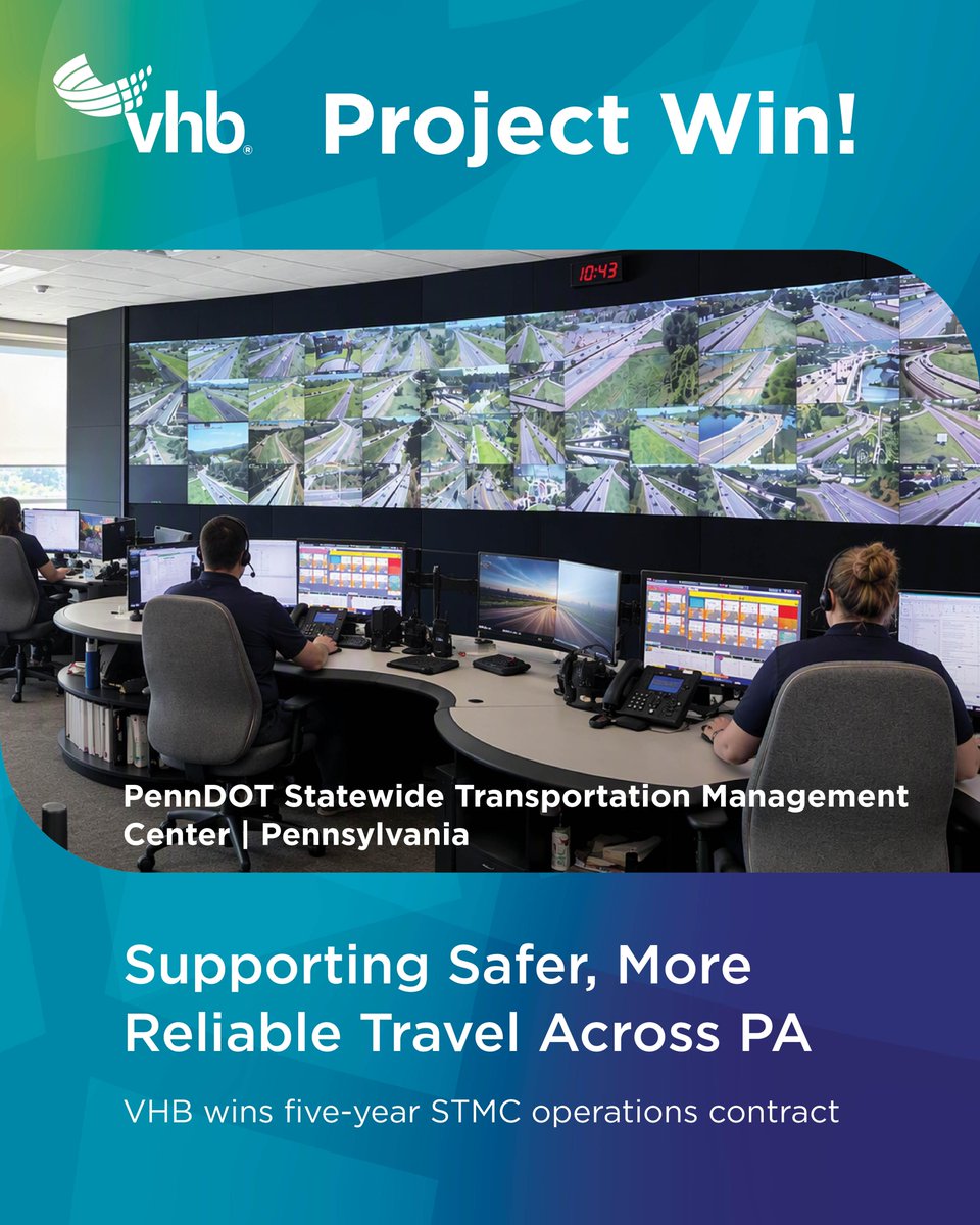 VHBnow's tweet photo. .@PennDOTNews has selected VHB to support 24/7 operations at the Statewide Transportation Management Center!

Learn how VHB is advancing statewide traffic operations: https://t.co/yyByIIaXtV. https://t.co/u2DpOt94ew