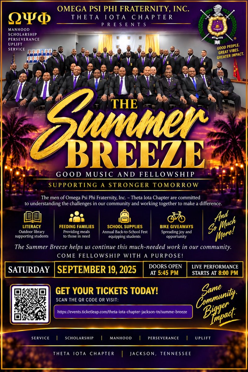suptking's tweet photo. Service is about understanding the challenges in our community—and working together to make a difference. 💜💛 From promoting literacy through our outdoor library to feeding families, providing school supplies, bike giveaways, and so much more, the men of Omega Psi Phi Fraternity, Inc. – Theta Iota Chapter remain committed to service and uplift.

The Summer Breeze helps us continue this much-needed work!
🗓️ Saturday, September 19 🚪 Doors open at 5:45 PM | Show starts at 8 PM 🎶 Good music • Great fellowship • A purpose that matters

Come enjoy the Breeze and help us keep serving our community! #SummerBreeze #OmegaPsiPhi #ThetaIota #Service #Uplift