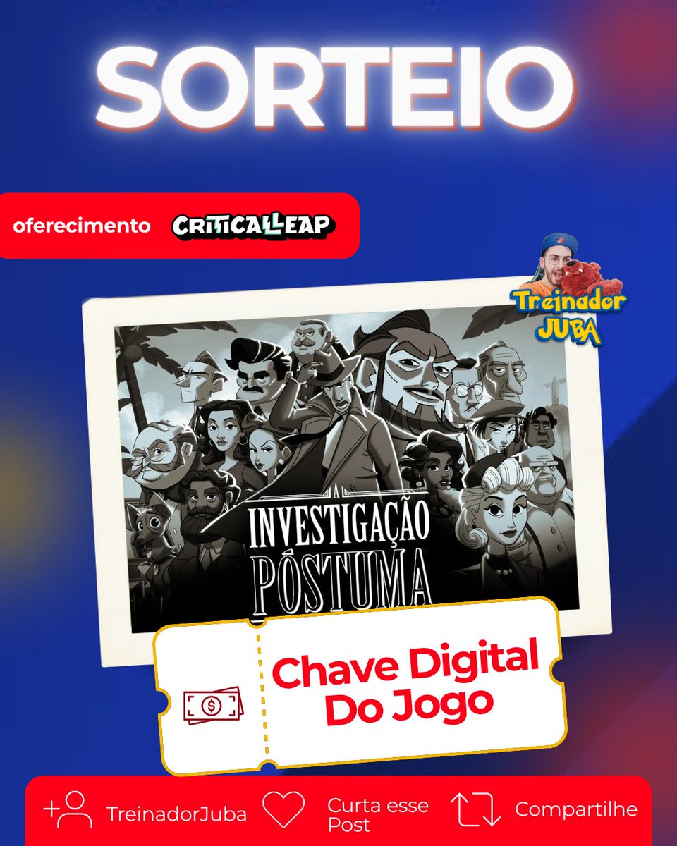 TreinadorJuba's tweet photo. 🎉 Sorteio - 2 chaves de Jogo - A Investigação Póstuma para Nintendo Switch!! 

''Você tem um dia para resolver o crime inspirado nas obras de Machado de Assis. Aprenda as rotinas de 14 personagens únicos, identifique suas contradições e manipule seus comportamentos.''

1⃣ Siga eu @TreinadorJuba + @CriticalLeap 
2⃣ Curta💟e Compartilhe🔄esse post
3⃣ Marque um amigo nos comentários

⚠️ Período de participação: 17/09 até 24/09
⚠️ Divulgação do vencedor: 25/09

🇧🇷 Jogo Brasileiro 🇧🇷 

Desenvolvido pela @mgaiastudio 😍
Publicado pela @CriticalLeap