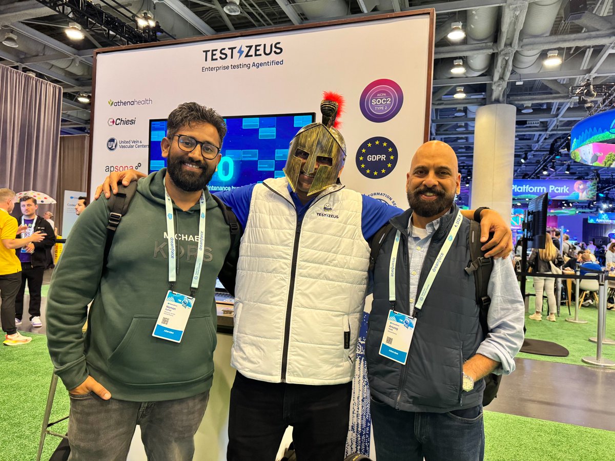 TestZeusAI's tweet photo. When @Dreamforce  meets Greek mythology. ⚡🏛️

Great conversations, new connections, AI agent demos, and even a surprise Spartan at the #TestZeus booth. 😄

Find us at Booth #7, Trailblazer Forest.

#Dreamforce2026 #Salesforce #AI #AgenticAI https://t.co/1ssBP8shH7