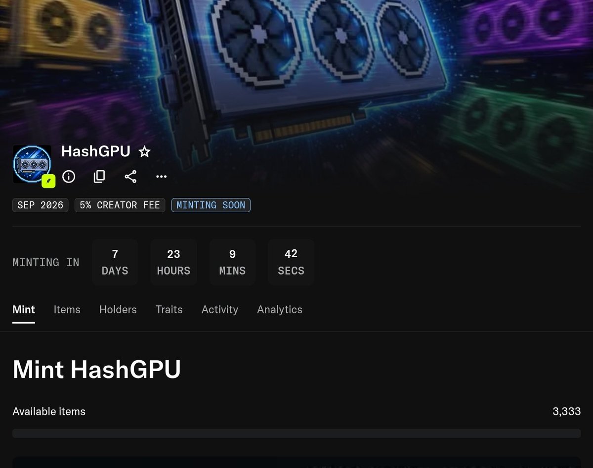 HashGPU's tweet photo. HashGPU New announcement 

MINT DETAILS
Supply: 3333
GTD : Free
FCFS: 1$
Public : 1.39$
Mint date : 25 Sept 

👉MINT LINK: https://t.co/tNMMfWbRjm

👉AIRDROP DISTRIBUTION FOR HOLDERS
- 59% of $HashGPU token supply will be airdropped to NFT holders. 
- 100% of mint funds go to liquidity