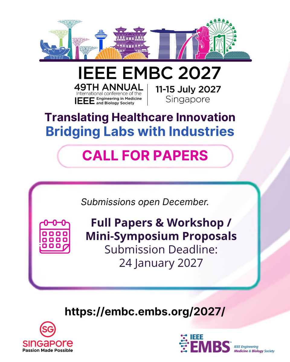 IEEEembs's tweet photo. #IEEE #EMBC2027 Call for Papers
 
🔬 Theme: “Translating Healthcare Innovation: Bridging Labs with Industries” 
🗓️ Submissions Open: December 2026
⏰ Deadline: Full Papers &amp; Workshop / Mini-Symposium Proposals - January 24, 2027
  
Learn more: https://t.co/anxAu7EX2u https://t.co/ZOnFdXd7E7