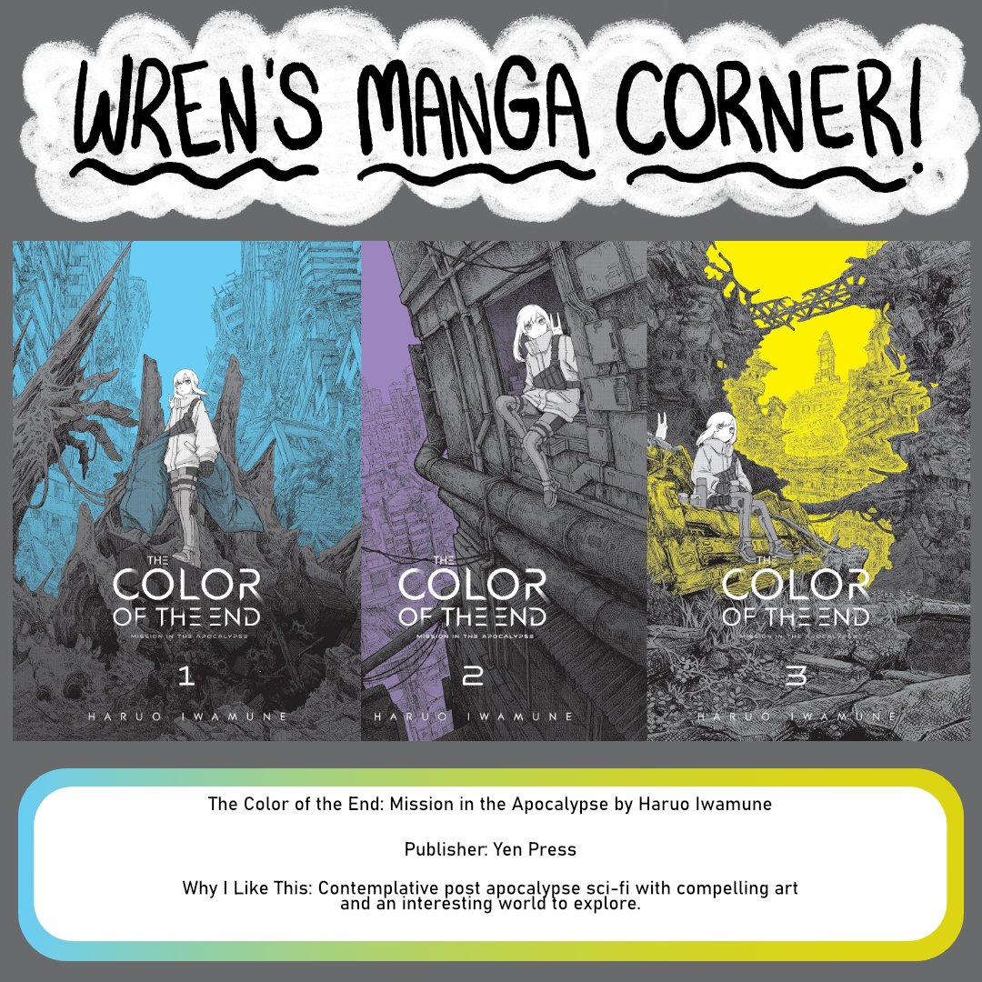 cosmicmonkey's tweet photo. Hello everyone! Your resident #manga fiend at CMC is here to tell you about some new and notable titles here at the shop! This week, I have another post-apocalyptic science fiction story for you, but it’s more emotional and contemplative. It's THE COLOR OF THE END, by @yenpress! https://t.co/Jr30C3grDh