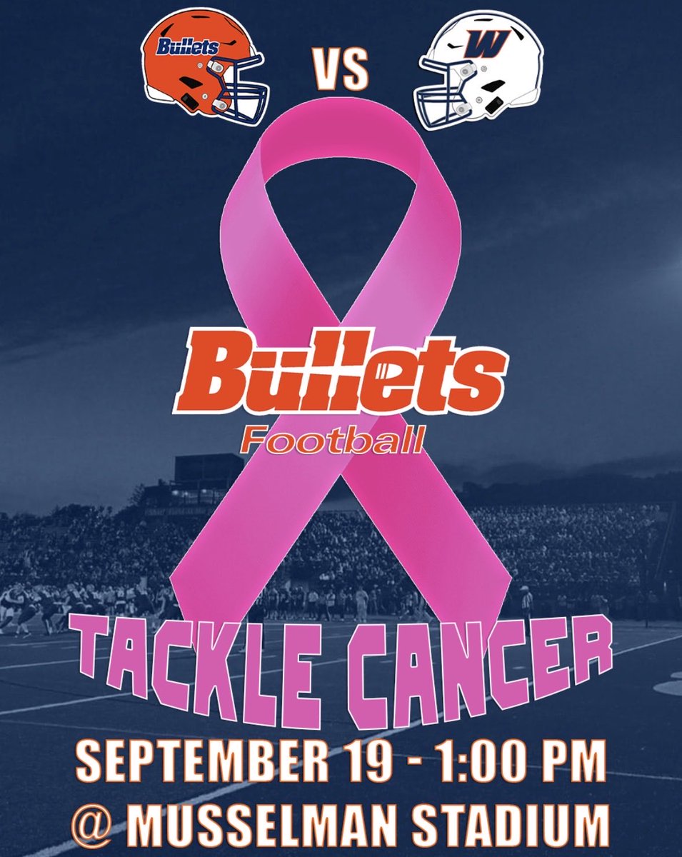 GburgFB's tweet photo. BIGGER THAN JUST THE GAME🟠🔵
Come support Bullets Football this Saturday at 1pm in Musselman Stadium!!
Our Tackle Cancer game will help raise Cancer Awareness, all proceeds from t-shirt sales will go back to the American Cancer Society!!
#BeGreat #TackleCancer #WearPink https://t.co/qQbNEuwxk5