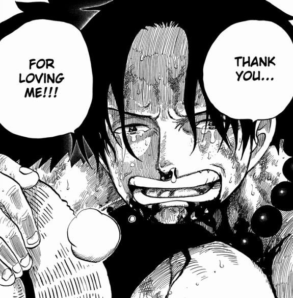 samixxzu's tweet photo. Este es uno de los paneles más devastadores de one piece, Ace le agradece a su hermano Luffy por haberlo amado, cuando todo el mundo lo odiaba, cuando el gobierno mundial lo perseguía él encontró comfort en sus hermanos, y se siente agradecido de poder haber experimentado eso https://t.co/Twk2dY47d0