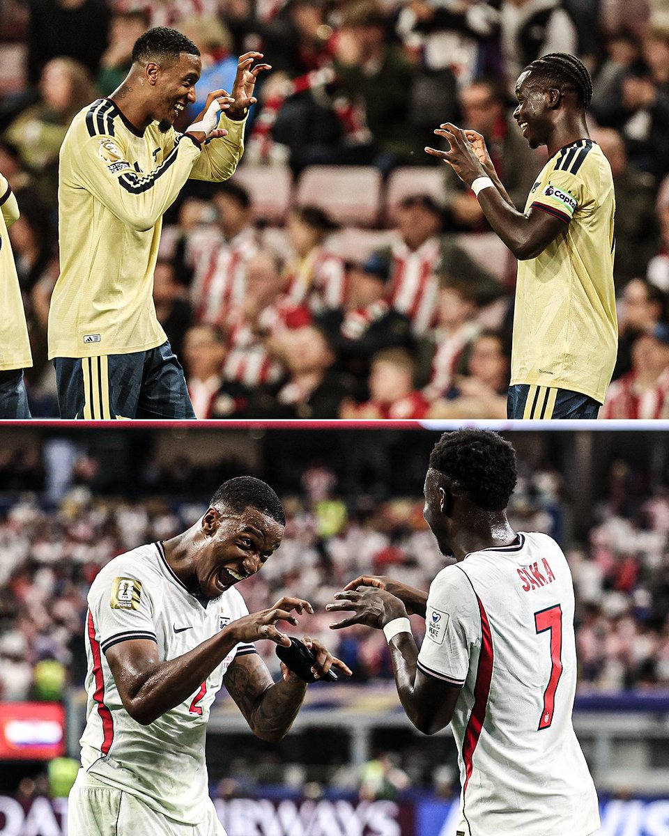 ESPNUK's tweet photo. Bukayo Saka and Ezri Konsa brought this celebration from the international stage to club level 🏴󠁧󠁢󠁥󠁮󠁧󠁿🦁 https://t.co/h39kfYCErj