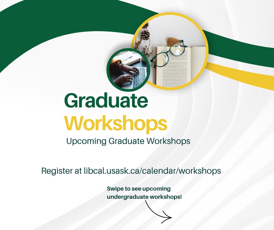 usasklibrary's tweet photo. Procrastination, pronunciation, and poster presentations! The USask Library has a plethora of free workshops! #GraduateWorkshops https://t.co/eSGcpVHwGc