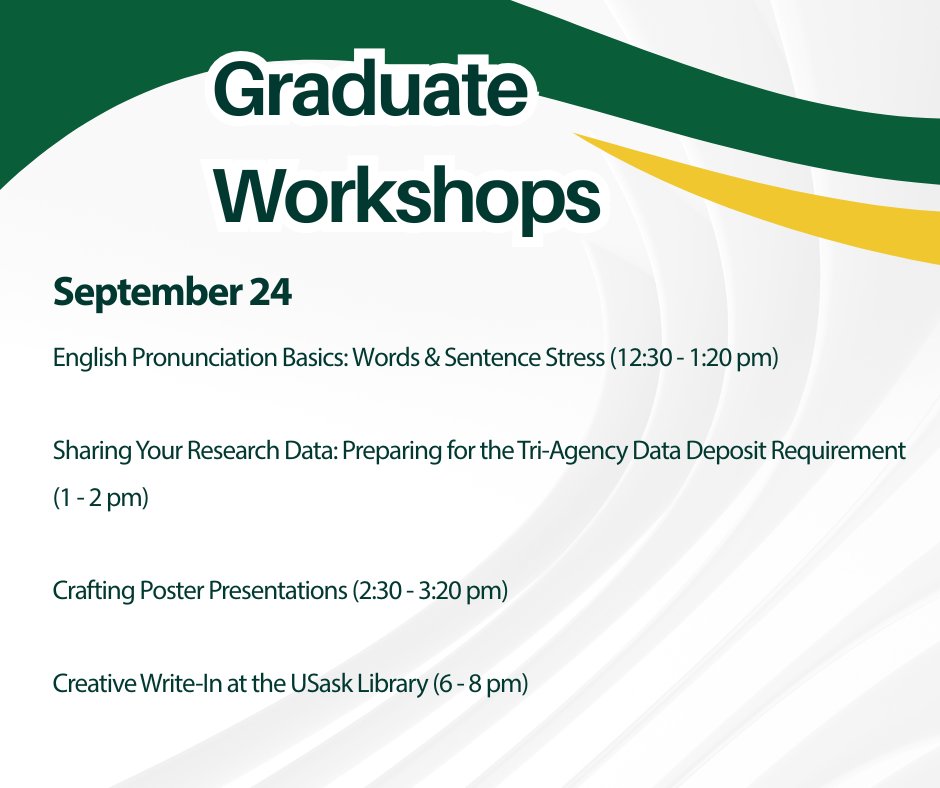 usasklibrary's tweet photo. Procrastination, pronunciation, and poster presentations! The USask Library has a plethora of free workshops! #GraduateWorkshops https://t.co/eSGcpVHwGc