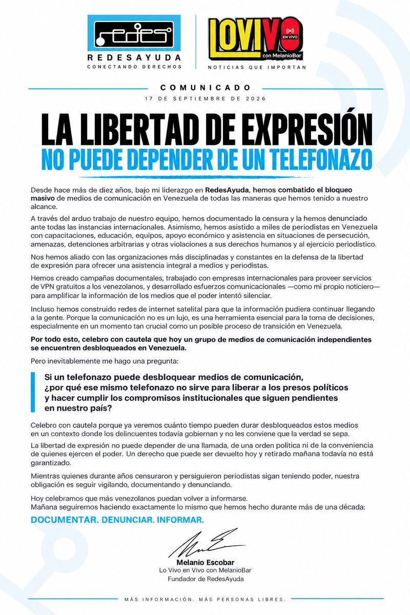 MelanioBar's tweet photo. Si un telefonazo puede desbloquear medios, ¿por qué ese mismo telefonazo no sirve para liberar a los presos políticos y hacer cumplir los acuerdos institucionales pendientes? https://t.co/P9WikfFAwc