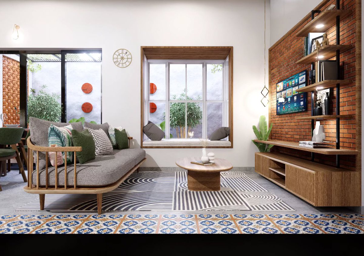 GilmaDicker5's tweet photo. A thoughtfully designed living space where warm wood tones, exposed brick, and contemporary elements come together beautifully. Patterned flooring, a statement TV wall, an open staircase, and curated details create a stylish, inviting home. https://t.co/8xQJyqTj4k
