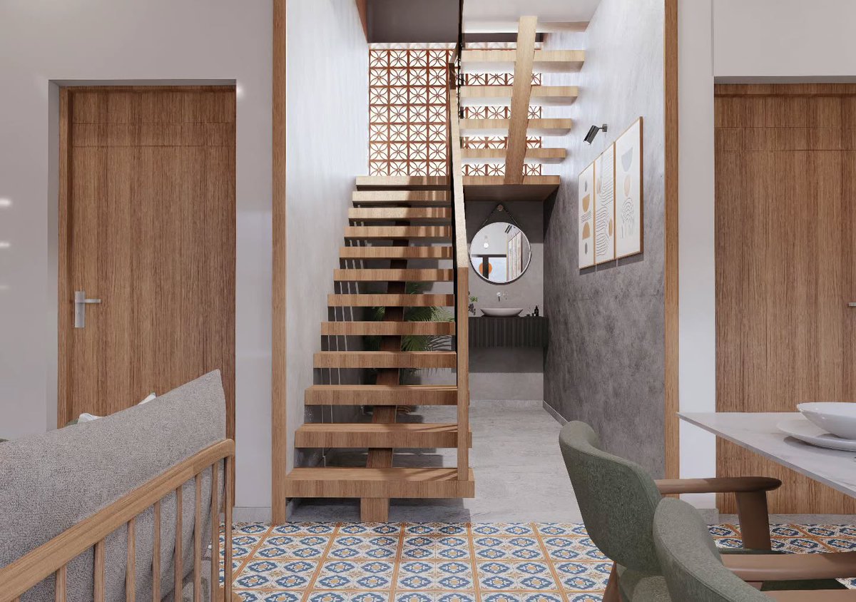 GilmaDicker5's tweet photo. A thoughtfully designed living space where warm wood tones, exposed brick, and contemporary elements come together beautifully. Patterned flooring, a statement TV wall, an open staircase, and curated details create a stylish, inviting home. https://t.co/8xQJyqTj4k