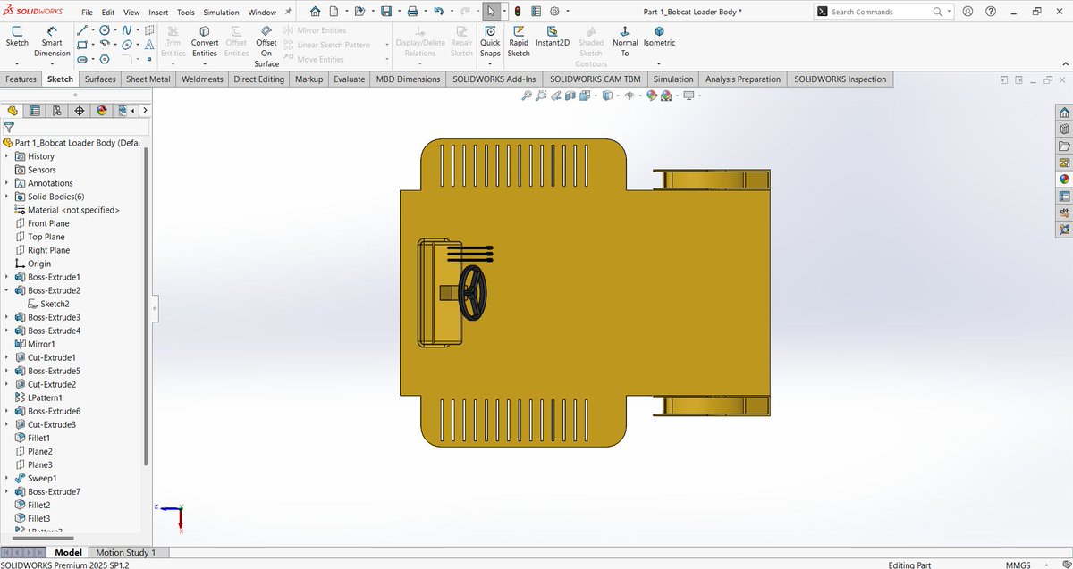 jreal102's tweet photo. Day 25/30 - SolidWorks Challenge ⚙️🔥 

Today's session was different. I planned to use the last 6 days of the challenge to draw a BobCat loader in SolidWorks. So today, I drew the main body of the design.

Another day of learning, designing, and improving my SolidWork skills🤞 https://t.co/3xpsEq2LgK