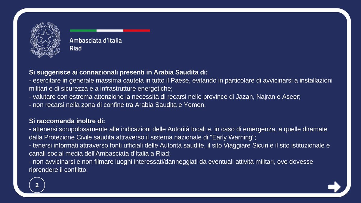 ItalyinKSA's tweet photo. Aggiornamento dell’avviso su Viaggiare Sicuri relativo all’Arabia Saudita 
👉 https://t.co/dBtmNYWnYo https://t.co/WzZWejwtmY