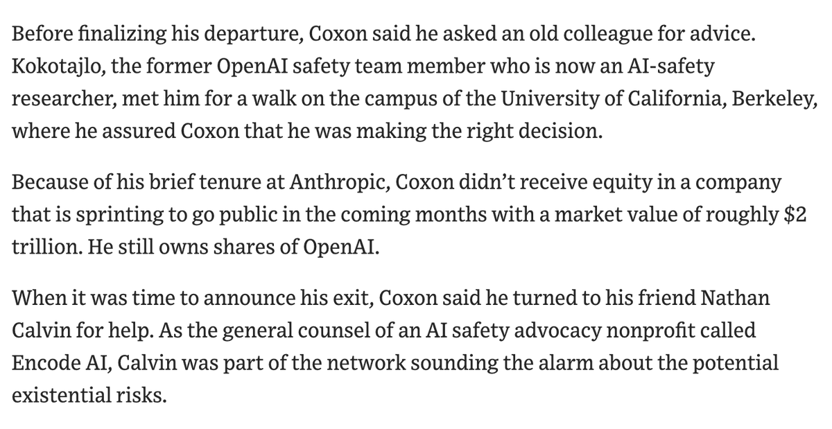 peterjhasson's tweet photo. The Wall Street Journal just confirmed that Jacob Coxon lied here. He worked with multiple "AI safety" execs ahead of his resignation. https://t.co/pGj5cKk4lK