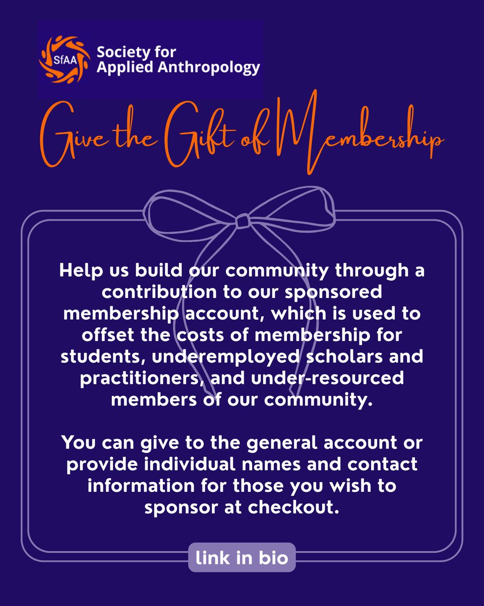 SfAAnthro's tweet photo. Give the gift of #SfAA membership!
Help us build our community by giving to the general account or providing individual names and contact information for those you wish to sponsor at checkout.
More info: https://t.co/kAeY9FJmX4
#SocialScience #Anthropology #AppliedAnthropology https://t.co/QJIvPFwjNC
