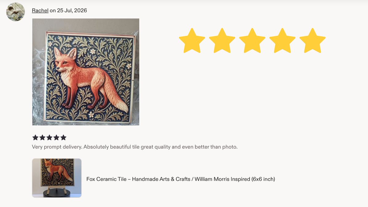 Ktphotouk's tweet photo. A lovely bit of customer feedback to start the day 🦊

“Absolutely beautiful tile, great quality and even better than the photo.”

Always a pleasure seeing my tiles in their new homes. Thanks so much, Rachel!

#ArtsAndCrafts #WilliamMorris #CeramicTiles #HandmadeUK https://t.co/ok56Wak0iX
