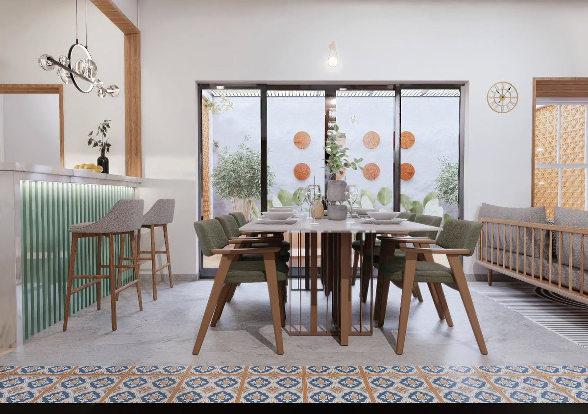 GilmaDicker5's tweet photo. A thoughtfully designed home where natural light, earthy textures, and contemporary details blend seamlessly. From the inviting courtyard and elegant dining area to the refreshing mint-green kitchen, every space balances function with warm, modern https://t.co/LZmSb0ufIT