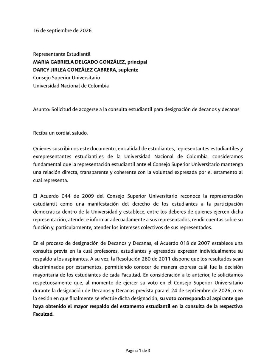 Dannaranj0's tweet photo. Representantes y exrepresentantes estudiantiles le solicitamos a la representación estudiantil ante el CSU de la @UNALOficial (@Gabyota113) que respete y se acoja a lo que decida la consulta estudiantil. https://t.co/JNnLSLiR26