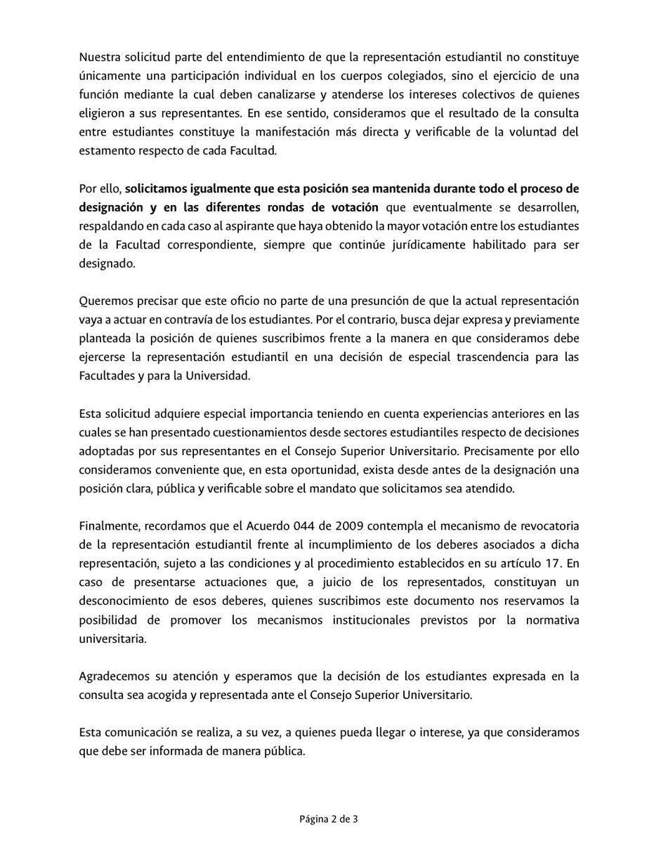 Dannaranj0's tweet photo. Representantes y exrepresentantes estudiantiles le solicitamos a la representación estudiantil ante el CSU de la @UNALOficial (@Gabyota113) que respete y se acoja a lo que decida la consulta estudiantil. https://t.co/JNnLSLiR26