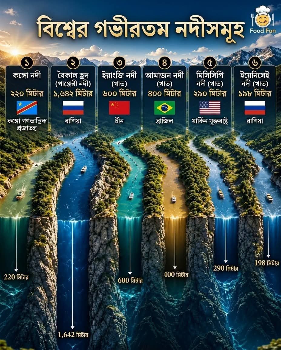 PriyoRahbab's tweet photo. 🌊 বিশ্বের গভীরতম নদীগুলোর রহস্য! 🤔

কঙ্গো নদী থেকে শুরু করে আমাজন — জেনে নিন পৃথিবীর সবচেয়ে গভীর ৬টি নদীর নাম এবং তাদের অবিশ্বাস্য গভীরতা। তথ্যে ভরা এই দারুণ ছবিটি মিস করবেন না! 🗺️

আপনার প্রিয় নদী কোনটি? কমেন্টে জানান! 👇

#FoodFun #DeepestRivers #WorldGeography #RiverFacts https://t.co/OssQKe65aD