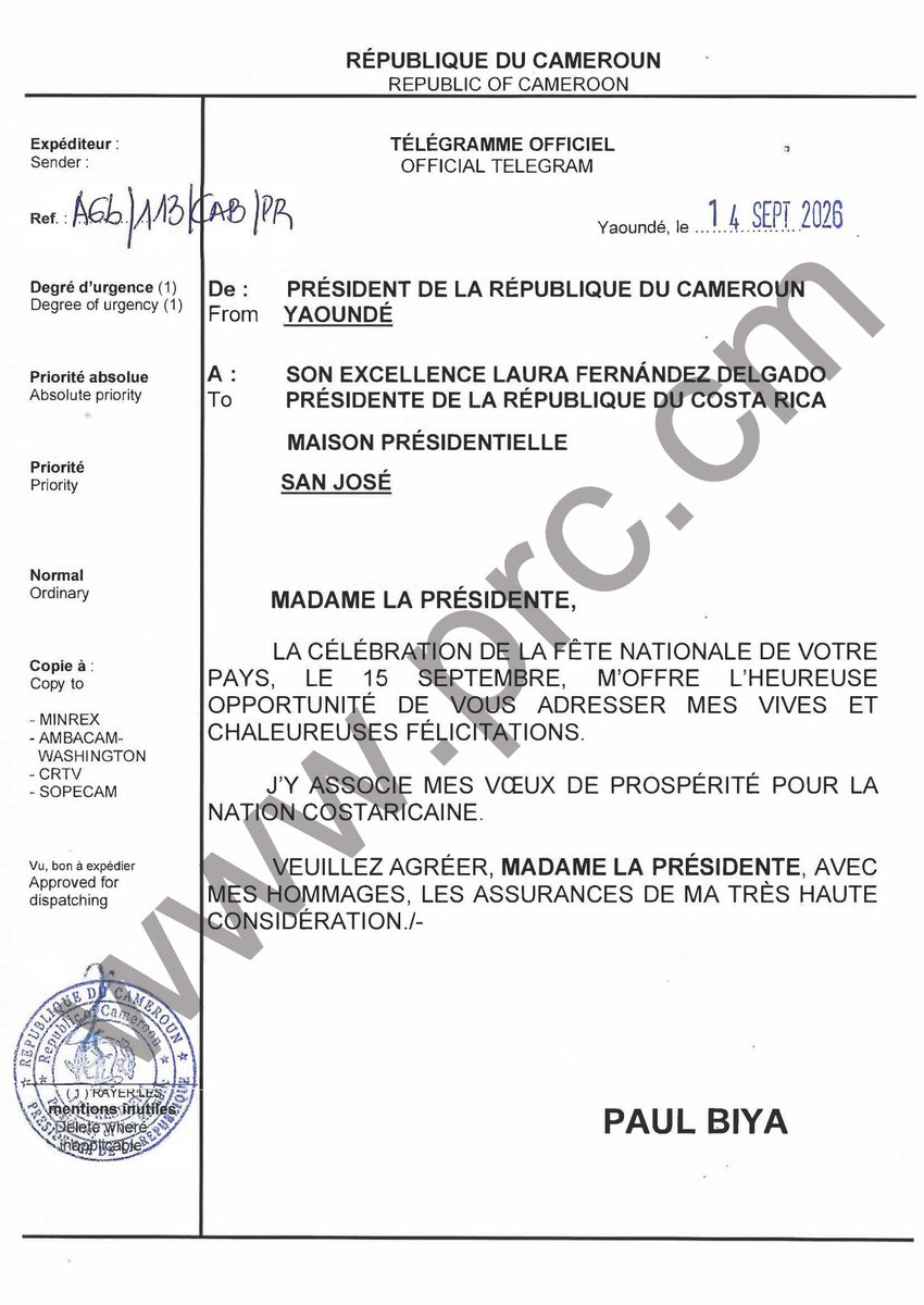 CabinetCivilPRC's tweet photo. 🇨🇲🇨🇷
Message de félicitations du Président Paul Biya à Son Excellence Laura Fernández Delgado, à l’occasion de la célébration de la fête nationale de la République du Costa Rica, le 15 septembre 2026.

#PaulBiya
#Cameroun https://t.co/pwgccDAFcS