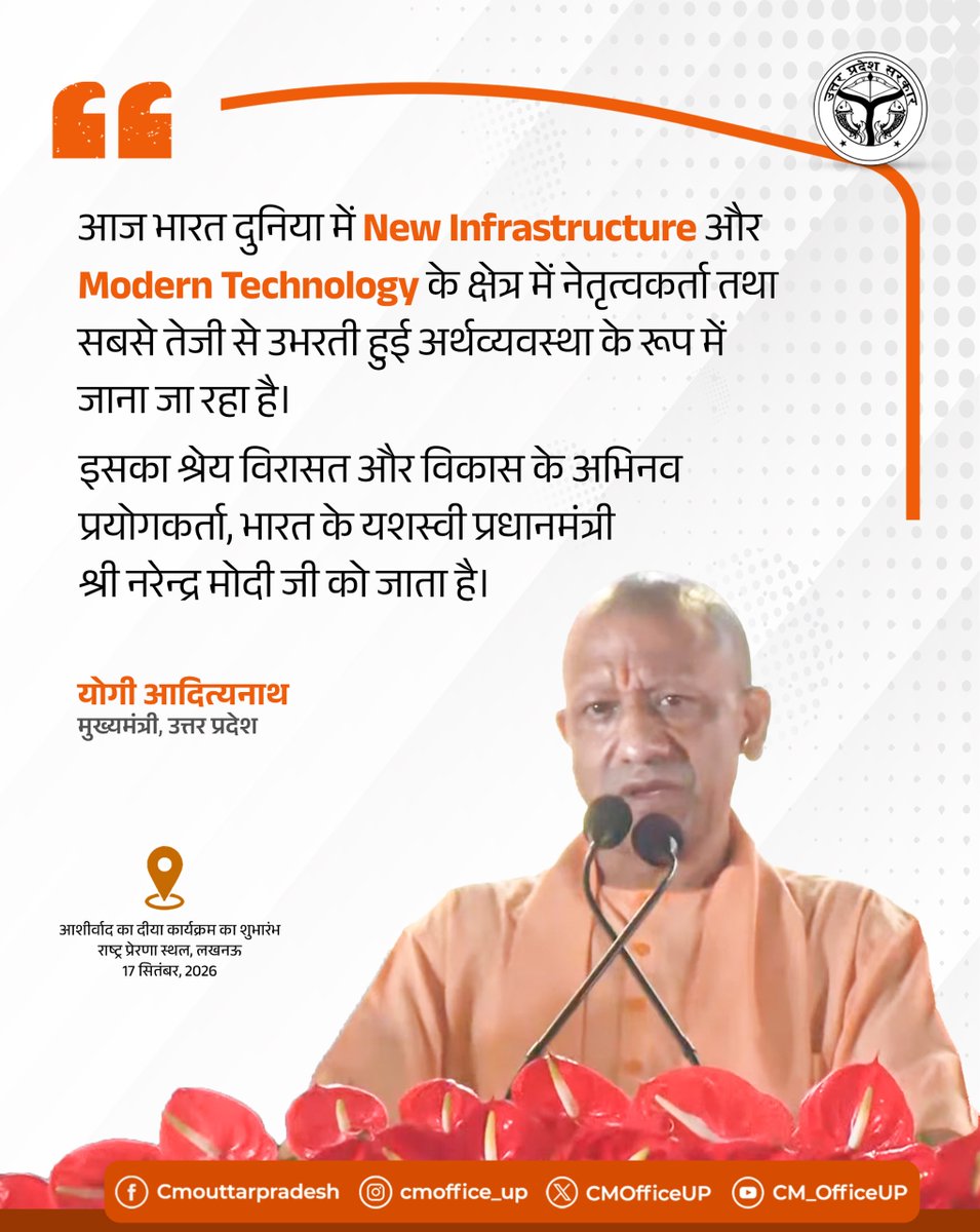 CMOfficeUP's tweet photo. आज भारत दुनिया में New Infrastructure और Modern Technology के क्षेत्र में नेतृत्वकर्ता तथा सबसे तेजी से उभरती हुई अर्थव्यवस्था के रूप में जाना जा रहा है। 

इसका श्रेय विरासत और विकास के अभिनव प्रयोगकर्ता, भारत के यशस्वी प्रधानमंत्री श्री @narendramodi जी को जाता है।

-मुख्यमंत्री @myogiadityanath जी